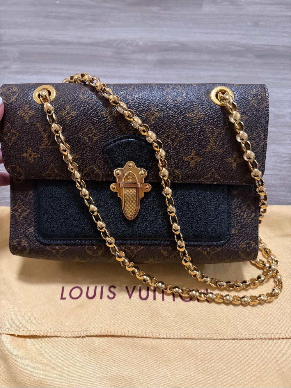 Louis Vuitton Monogram Shoulder Bag with Black Pocket and Gold Chain